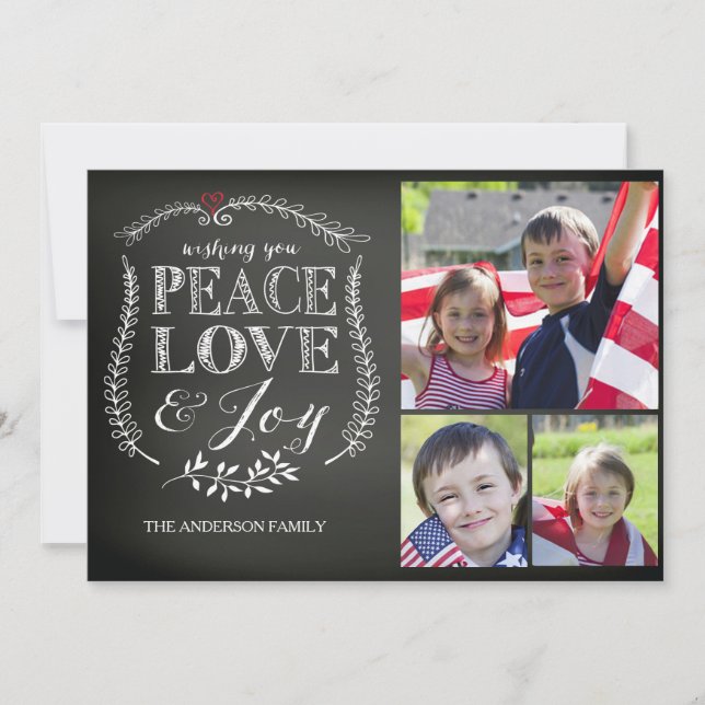 Modern Peace Love Joy Chalkboard Holiday Card (Front)
