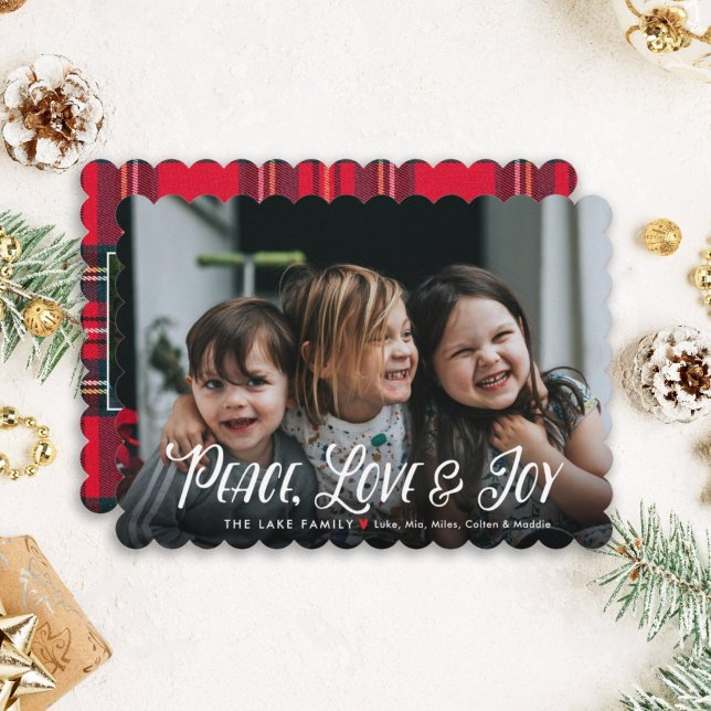 Modern Peace, Love Joy Red Plaid Christmas Photo   Holiday Card (Creator Uploaded)