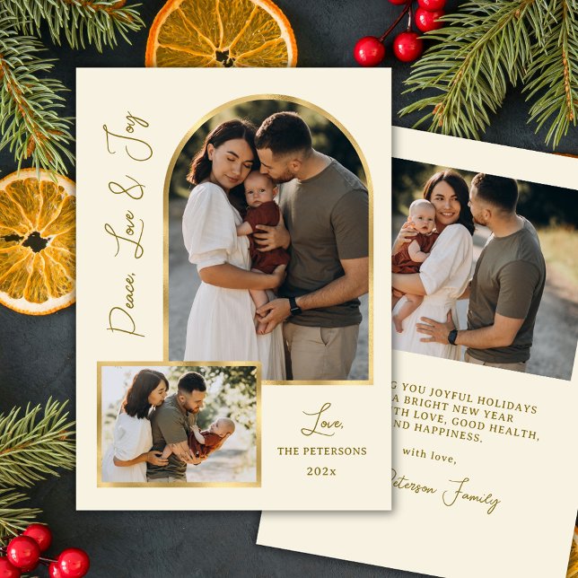 Modern Peace Love Joy Script Gold Arch 3 Photo  Holiday Card (Creator Uploaded)