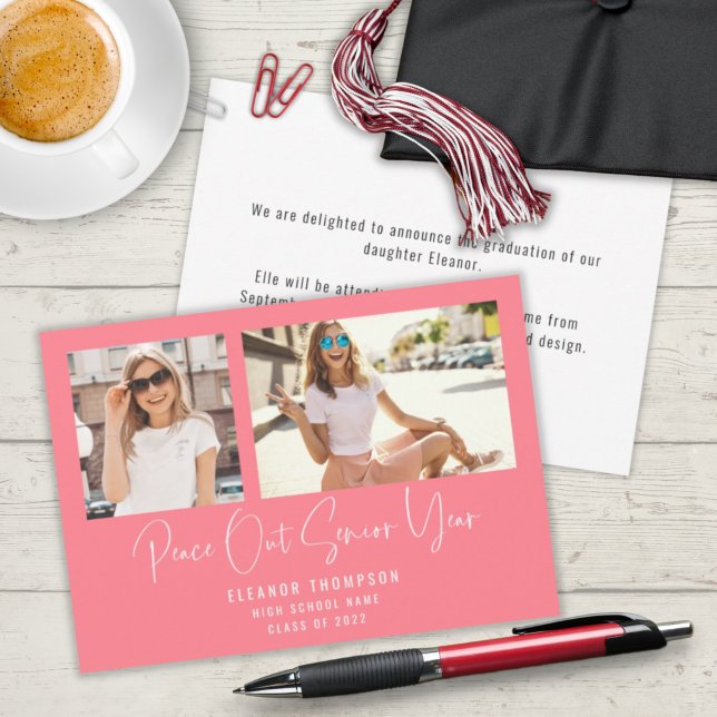 Modern Peace Out 2 Photo 2022 Graduation Pink Announcement (Creator Uploaded)