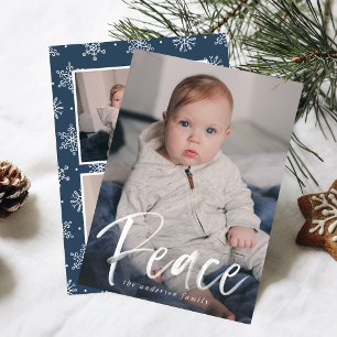 Modern Peace Script Navy 3 Photo Holiday Card
