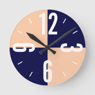 Modern peach and blue colour blocks large numbers round clock