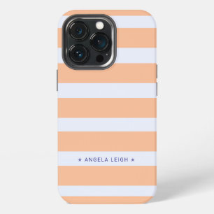Modern Peach and Blue-White Cabana Stripes iPhone 13 Pro Case