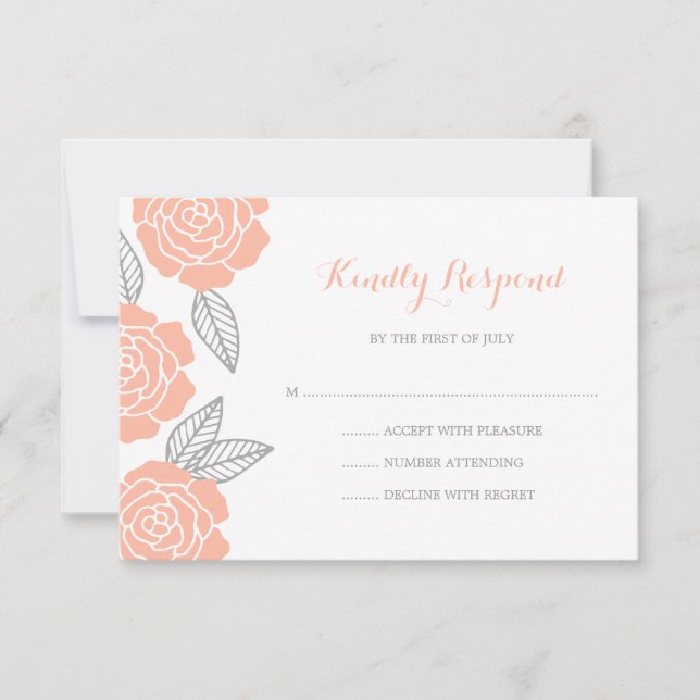 Modern Peach and Grey Rose Wedding RSVP Card (Front)