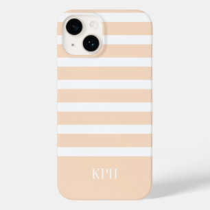 Modern Peach and White Stripe with Monogram  Case-Mate iPhone 14 Case