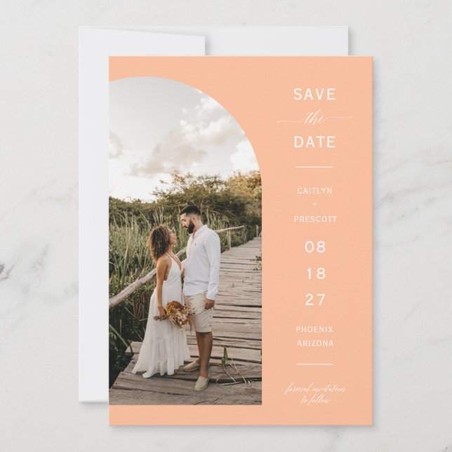 Modern Peach Arch Photo QR Code Save the Date Invitation (Front)