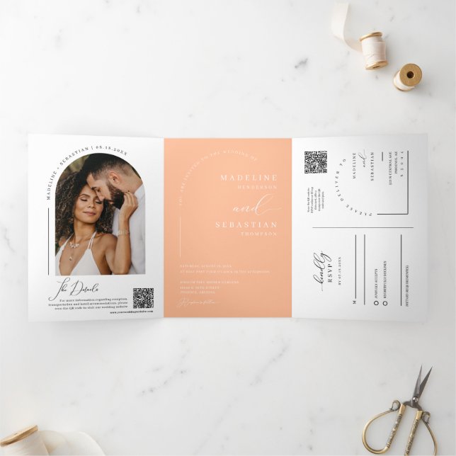 Modern Peach Boho Arch Photo QR Code Wedding Tri-Fold Invitation (Inside)