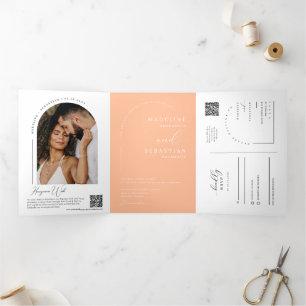 Modern Peach Boho Arch Photo QR Code Wedding Tri-Fold Invitation