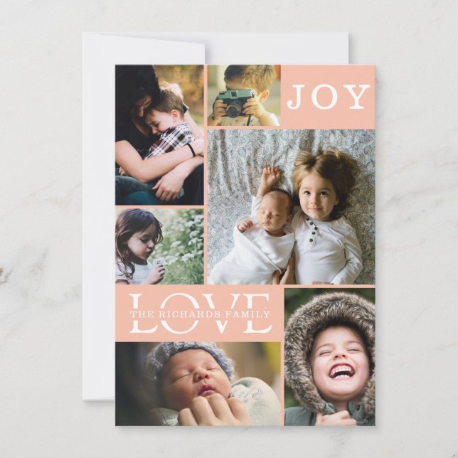 Modern Peach Colour Block Family 6 Photo Collage Holiday Card (Front)
