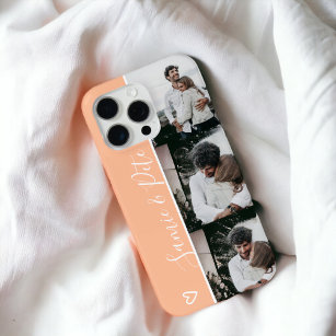 Modern peach couple names 3 photos collage grid iPhone 15 pro max case