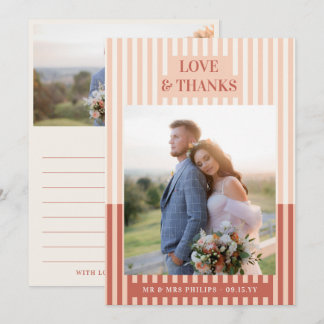 Modern Peach Cream Stripes Wedding Photo Thank You Card