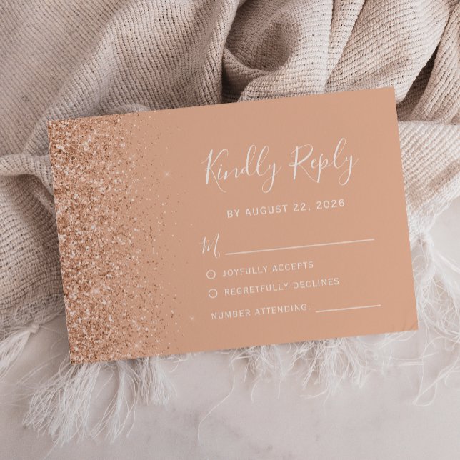 Modern Peach Faux Glitter Edge Wedding RSVP Card (Creator Uploaded)