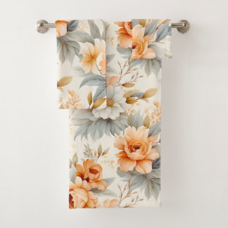 Modern Peach Floral Botanical Watercolor Bath Towel Set