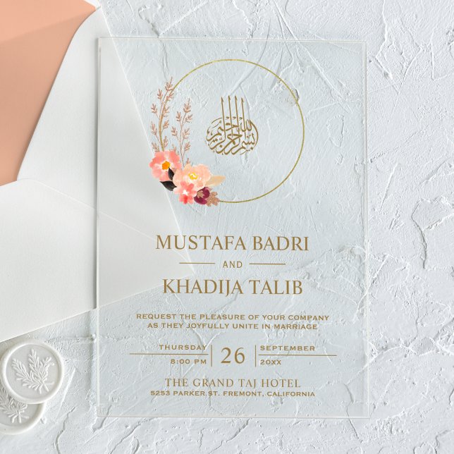 Modern Peach Floral Wreath Islamic Muslim Wedding Acrylic Invitations (Creator Uploaded)