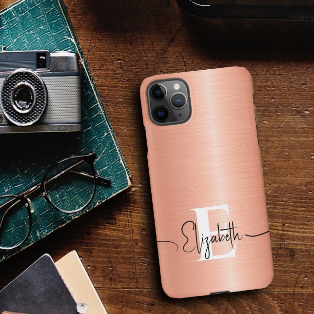 Modern Peach Fuzz Brushed Metallic Monogram Script iPhone 16 Case (Creator Uploaded)