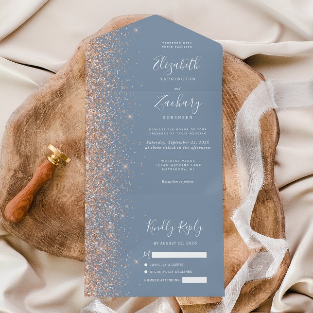 Modern Peach Glitter Dusty Blue Wedding All In One Invitation (Creator Uploaded)