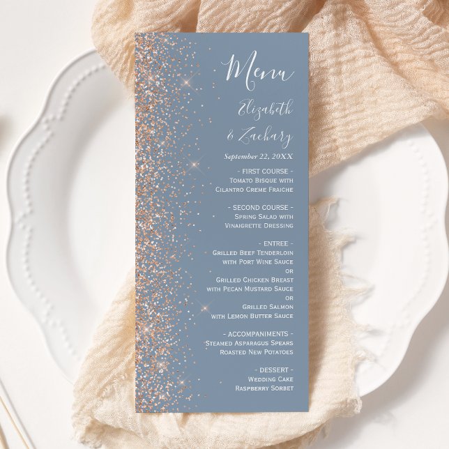 Modern Peach Glitter Dusty Blue Wedding Menu (Creator Uploaded)