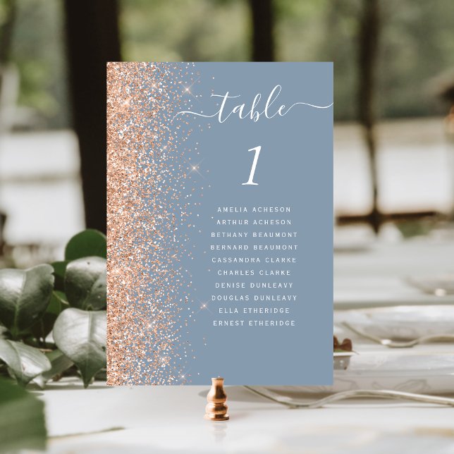 Modern Peach Glitter Dusty Blue Wedding Table Number (Creator Uploaded)