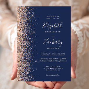 Modern Peach Glitter Edge Navy Blue Wedding Invitation