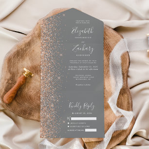 Modern Peach Glitter Grey Wedding All In One Invitation