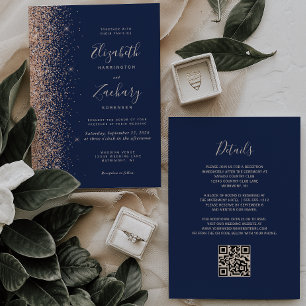 Modern Peach Glitter Navy Blue QR Code Wedding Invitation
