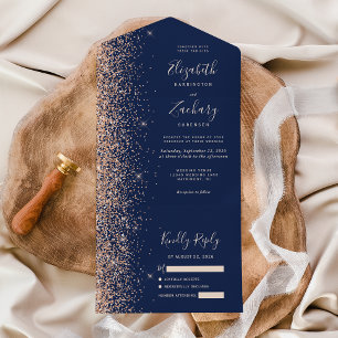 Modern Peach Glitter Navy Blue Wedding All In One Invitation