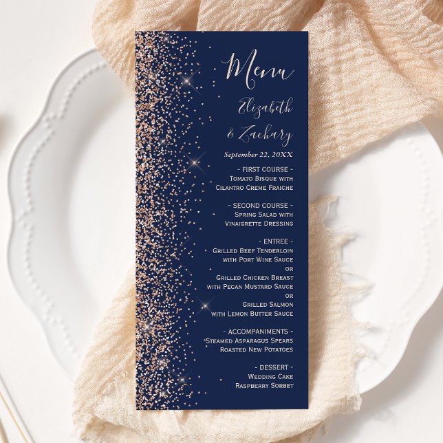 Modern Peach Glitter Navy Blue Wedding Menu (Creator Uploaded)
