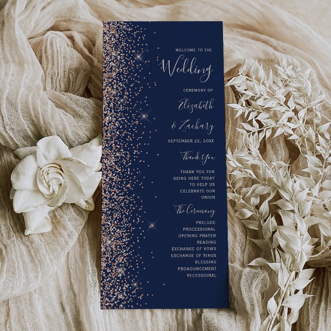Modern Peach Glitter Navy Blue Wedding Program (Creator Uploaded)