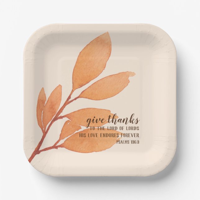 Modern Peach Gold Watercolor Give Thanks Scripture Paper Plate (Front)