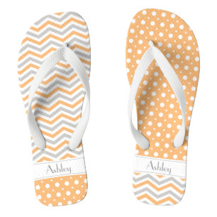 Modern peach, grey, white chevron & polka dot jandals