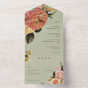 Modern Peach Mimosa Floral Green All In One Invitation