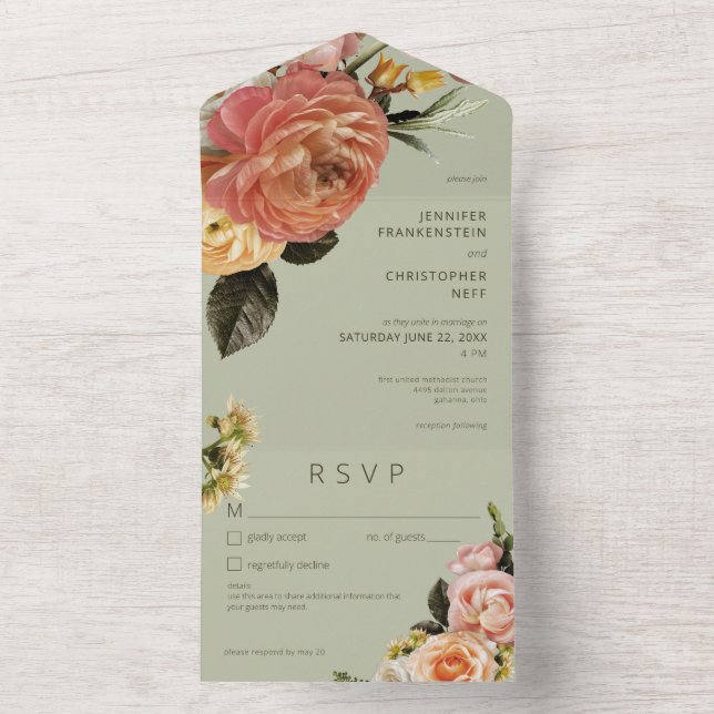 Modern Peach Mimosa Floral Green Details All In One Invitation (Inside)