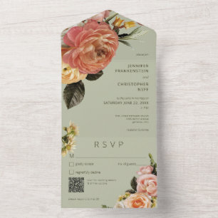 Modern Peach Mimosa Floral Green QR Code All In One Invitation