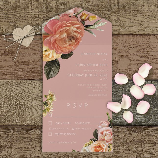 Modern Peach Mimosa Floral Pink Dinner All In One Invitation (Creator Uploaded)