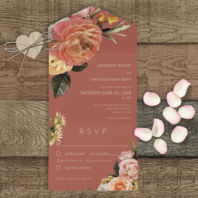 Modern Peach Mimosa Floral Rust Dinner All In One Invitation (Creator Uploaded)