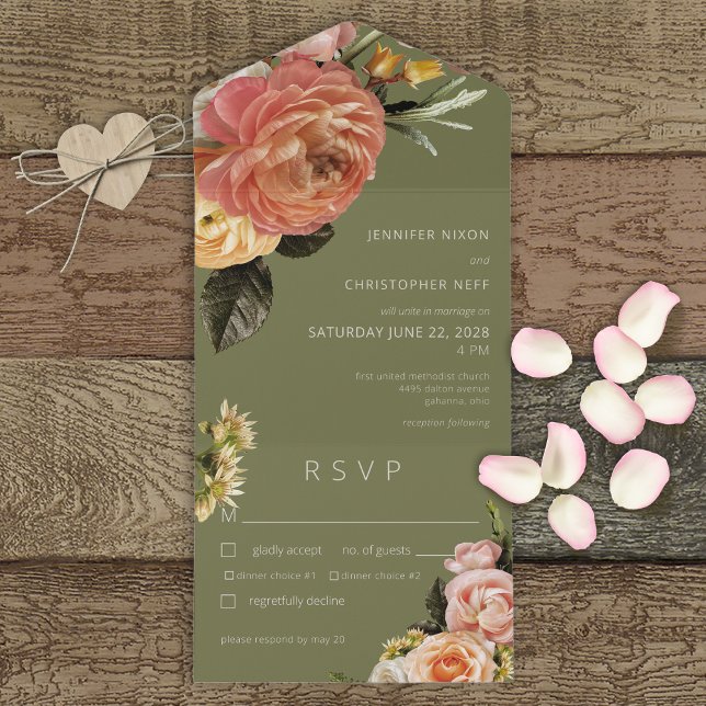 Modern Peach Mimosa Floral Sage Green Dinner All In One Invitation (Creator Uploaded)