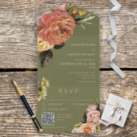 Modern Peach Mimosa Floral Sage Green QR Code