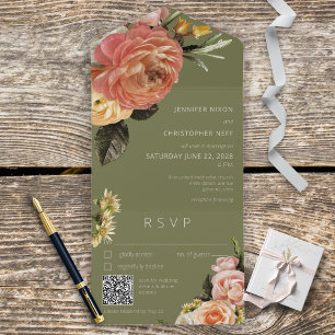 Modern Peach Mimosa Floral Sage Green QR Code All In One Invitation