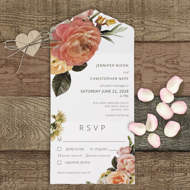 Modern Peach Mimosa Floral White Dinner All In One Invitation (Creator Uploaded)