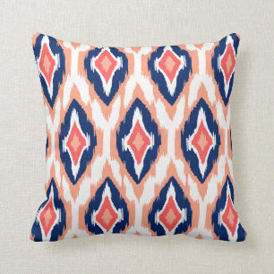 Modern peach navy coral Ikat Tribal Pattern 1a Cushion