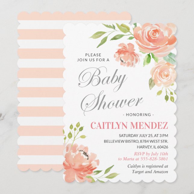 Modern Peach Peony Floral Baby Shower Girl Boy Invitation (Front/Back)