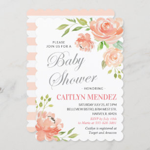 Modern Peach Peony Floral Baby Shower Girl Boy Invitation