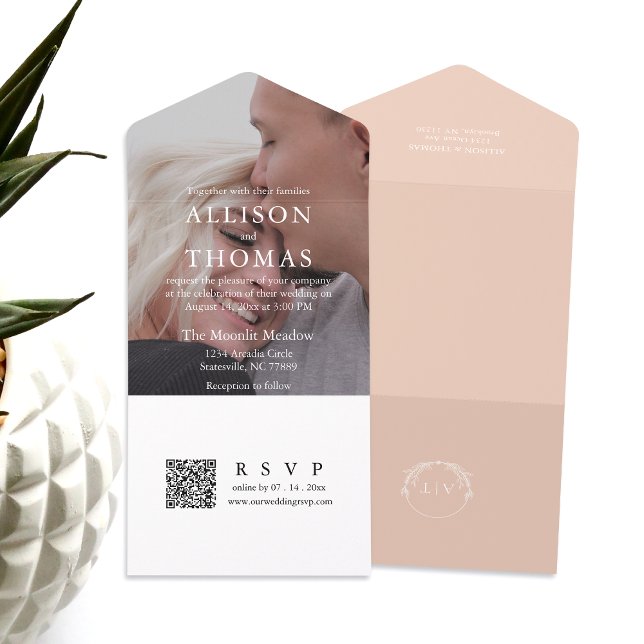 Modern Peach Photo QR Code Monogram Wedding All In One Invitation (Simplify your wedding with our all-in-one invitation – convenience and beauty in a single card.)