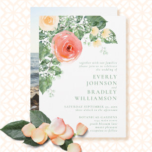 Modern Peach Photo Spring Summer Floral Wedding Invitation