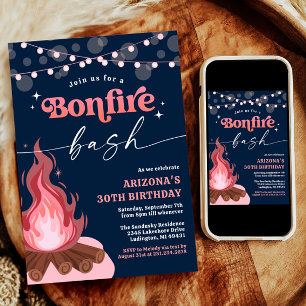 Modern Peach Pink Bonfire Invitation, Bonfire Bash Invitation