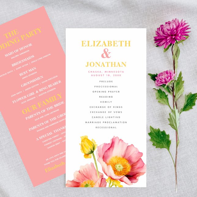 Modern Peach Pink Orange Poppies Wedding Program (Creator Uploaded)