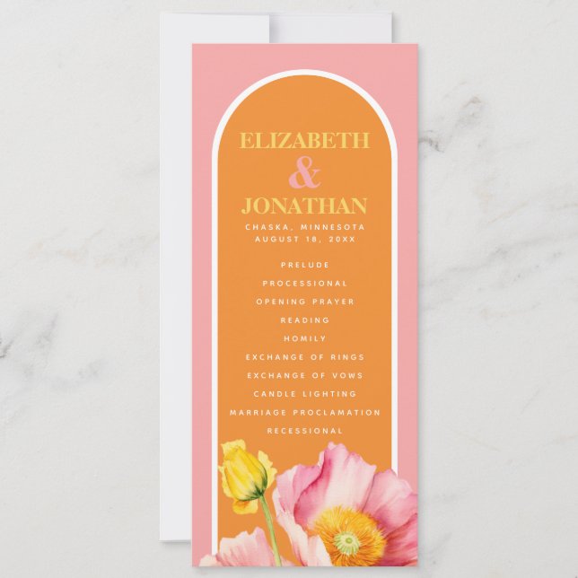 Modern Peach Pink Orange Poppies Wedding Program Invitation (Front)