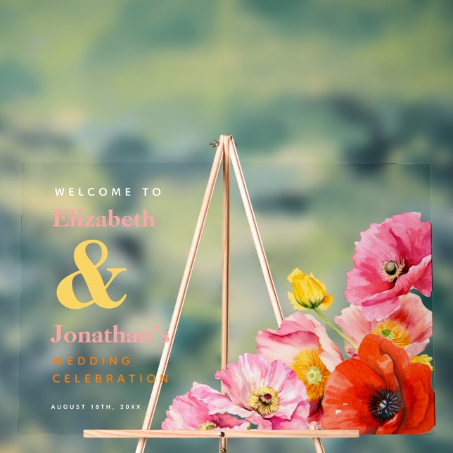 Modern Peach Pink Orange Yellow Poppies Welcome Acrylic Sign (Neutral)