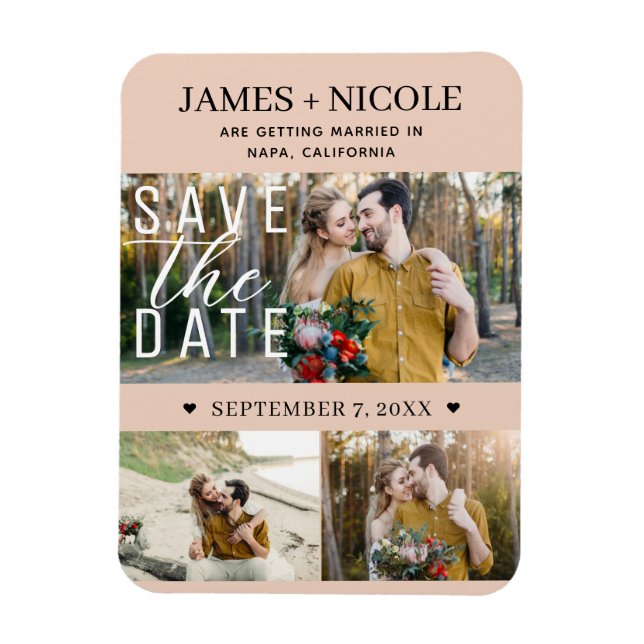 Modern Peach Save the Date Wedding 3 Photos Magnet (Vertical)