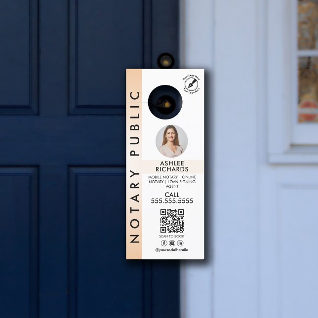 Modern Peach Simple Notary Public Photo Logo QR  Door Hanger (Creator Uploaded)